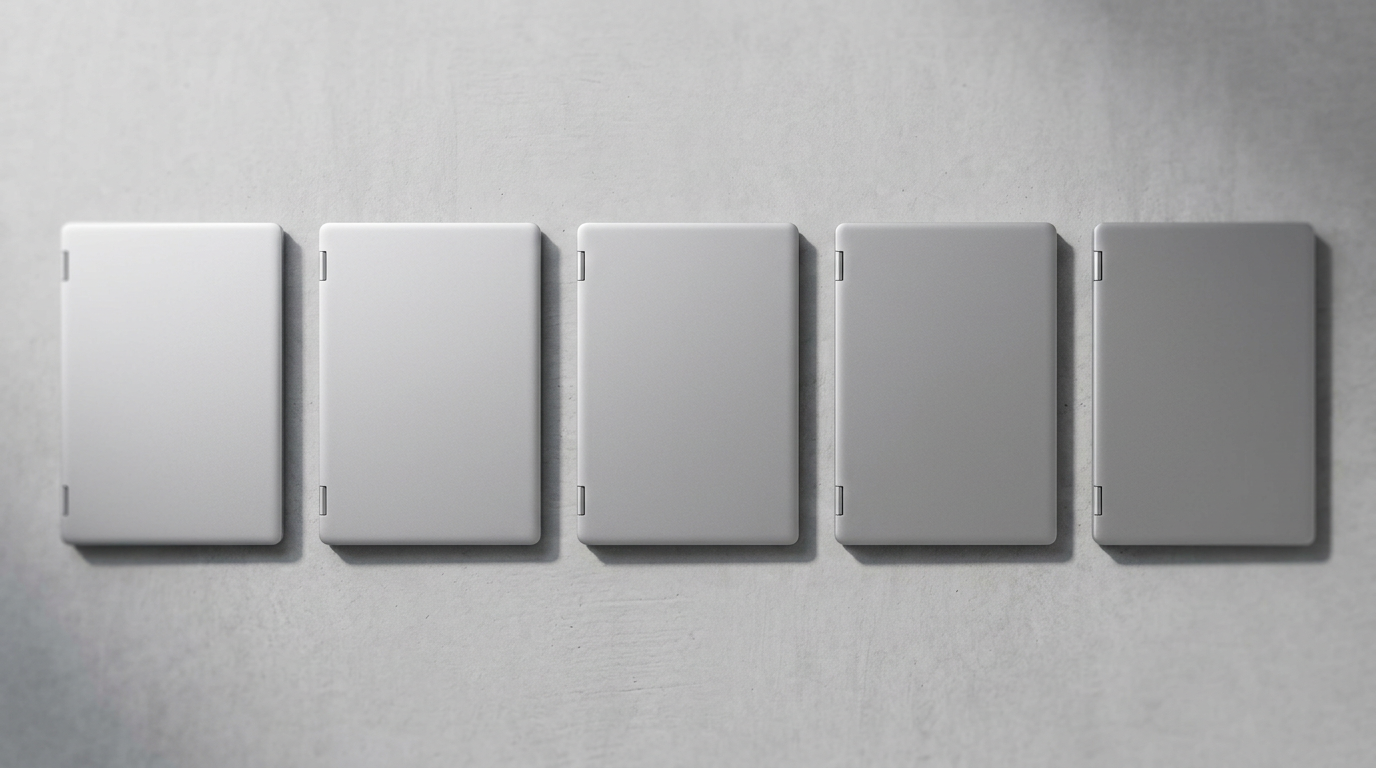 A row of five identical closed silver business laptops on a light surface, representing a managed Windows 11 25H2 fleet rollout