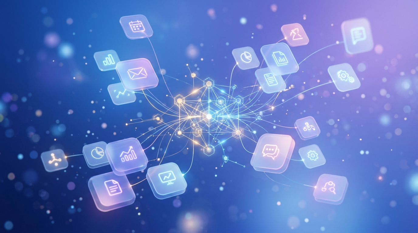 Abstract glowing network of connected app icons in blue and violet, representing Microsoft 365 Copilot linking business tools