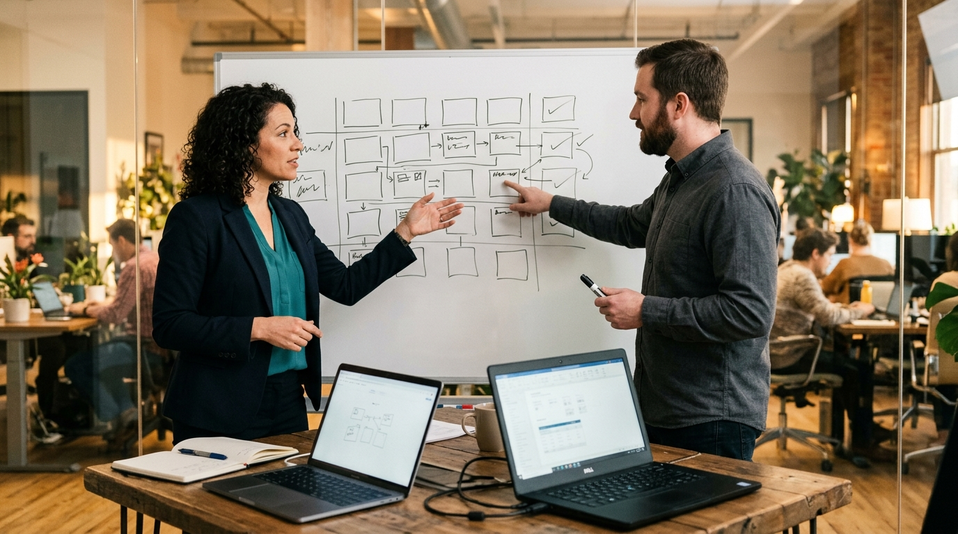 Owner and IT consultant working through a per-employee budget grid on a whiteboard