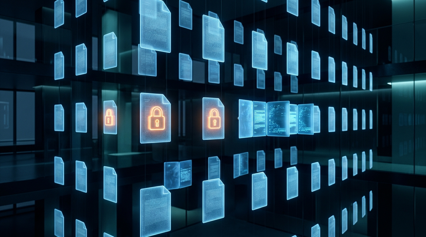 Glowing translucent document cards floating in a dark office, a few sealed with padlocks and others left wide open, representing Microsoft 365 file oversharing that Copilot can surface