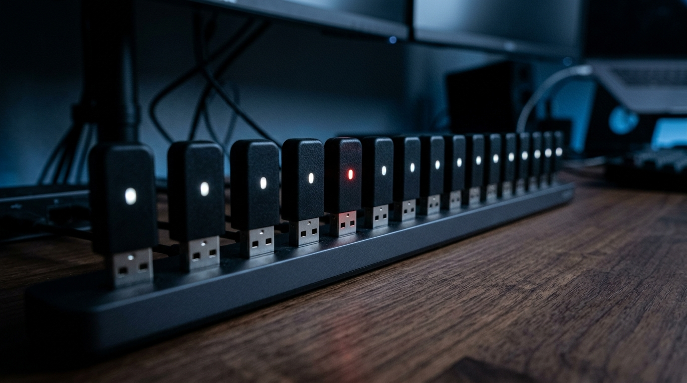 A row of identical USB dongles plugged into one hub with a single unit glowing red, illustrating a malicious browser extension hiding among trusted ones