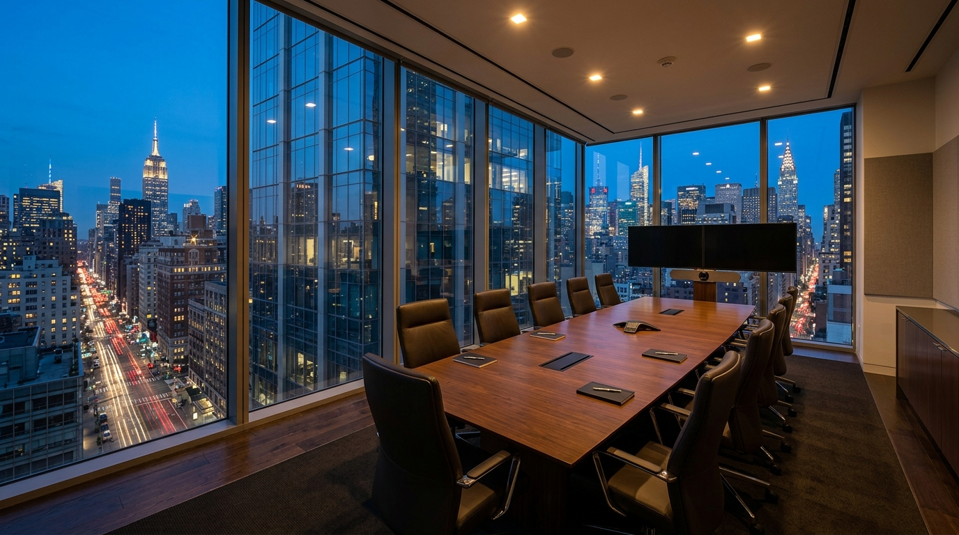 Empty glass-walled conference room in a Manhattan office tower at dusk overlooking the Midtown skyline, illustrating IT support for NY-metro hedge funds