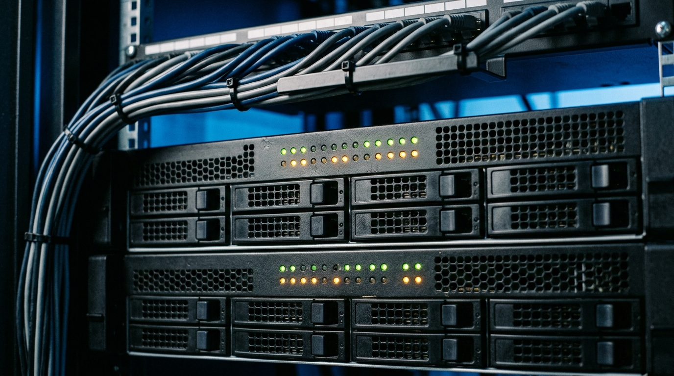 Close-up of two unbranded rack-mount servers with amber and green status LEDs and bundled ethernet cabling in a small business server rack