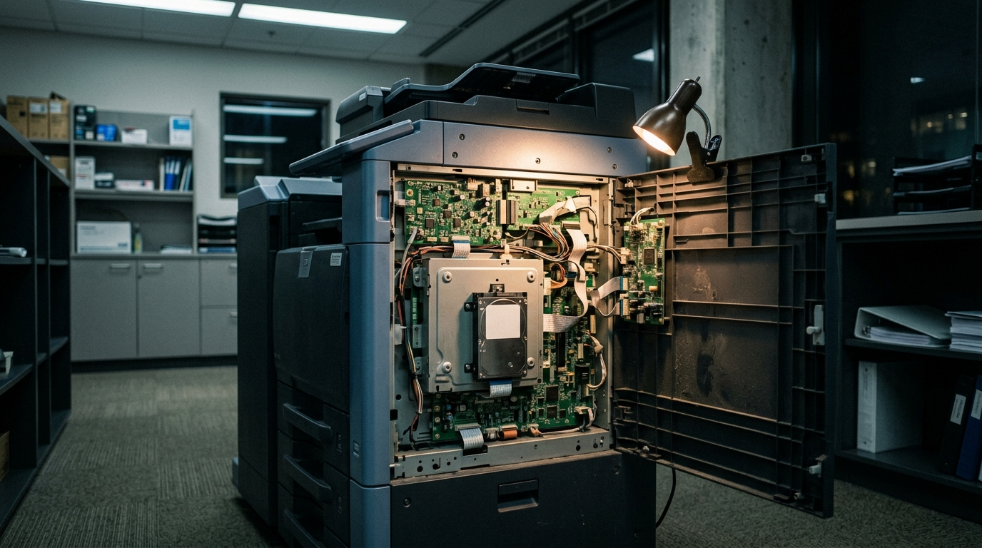 Office multifunction printer with its side panel open, exposing the internal hard drive and circuit boards that store scanned documents and credentials