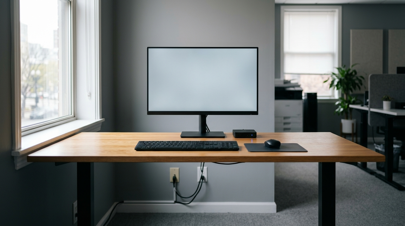 An office desk holding only a monitor, keyboard and a small palm-sized thin client, with the floor space under the desk empty where a desktop tower would normally sit — the setup a Windows 365 Cloud PC or Azure Virtual Desktop replaces