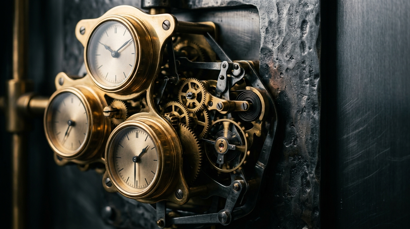 Antique bank vault time-lock mechanism with brass clock dials and gears, illustrating the NIST post-quantum cryptography deadlines facing small businesses