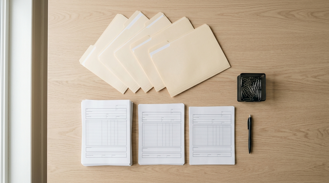 Overhead view of manila employee file folders and blank printed HR forms on a wood table, representing the HR paperwork a small business can automate with AI