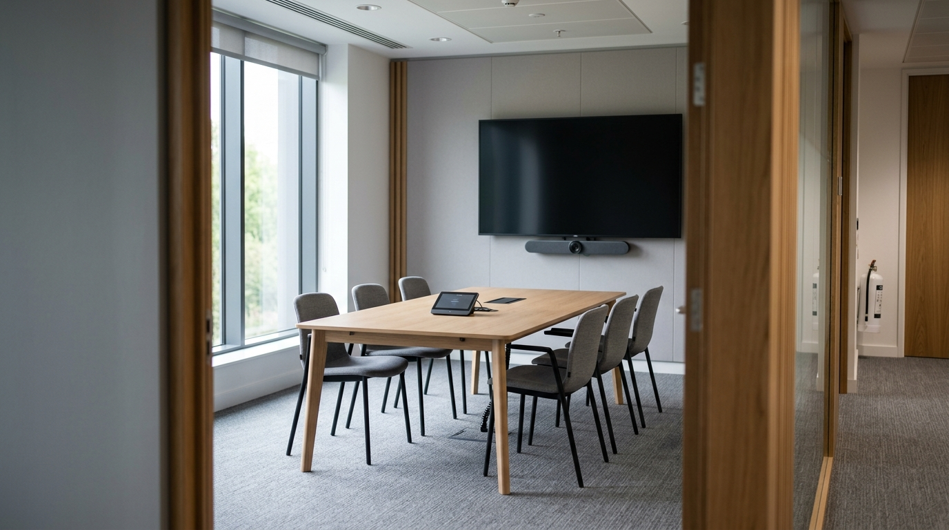 Empty small conference room with a wall-mounted display, video bar and a Microsoft Teams Rooms touch console on the table