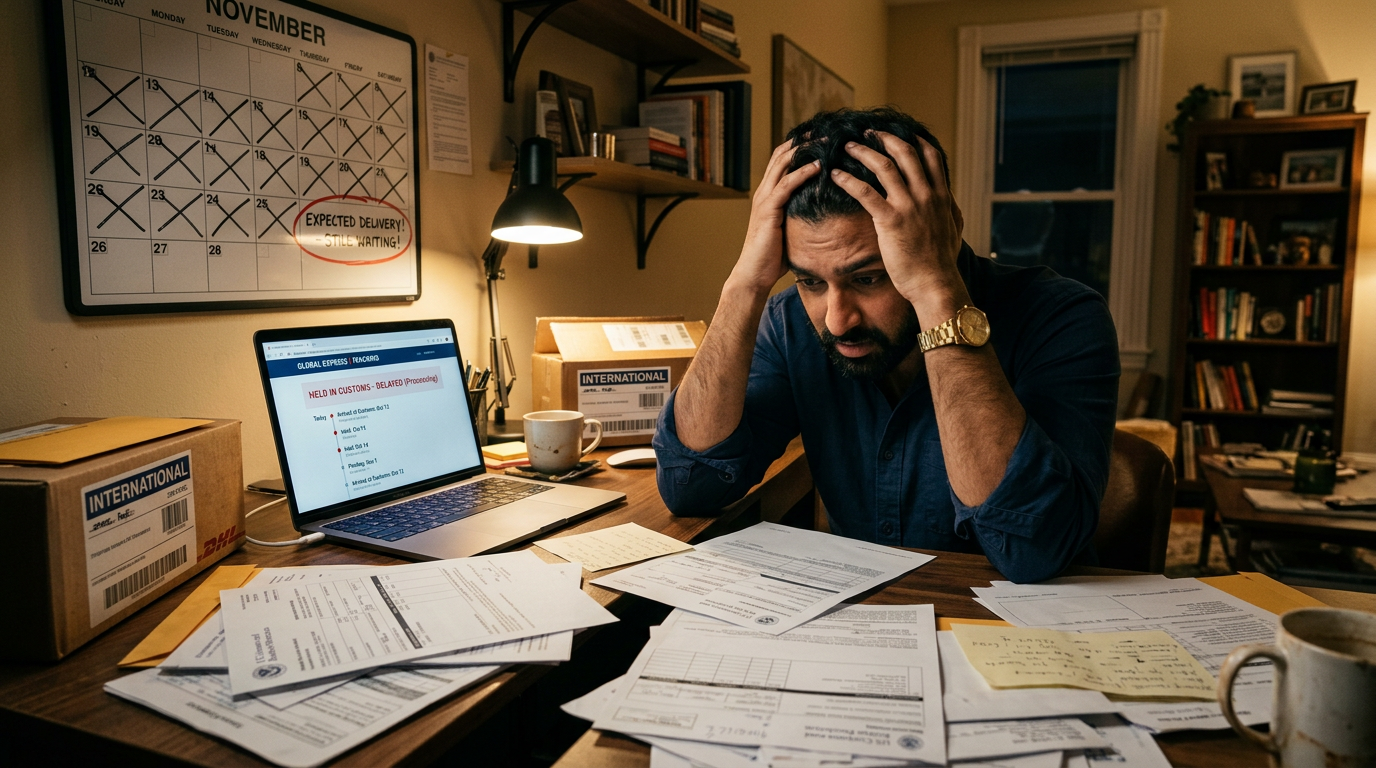 Frustration of ordering gemstones internationally — customs paperwork, wire transfers, and long shipping delays