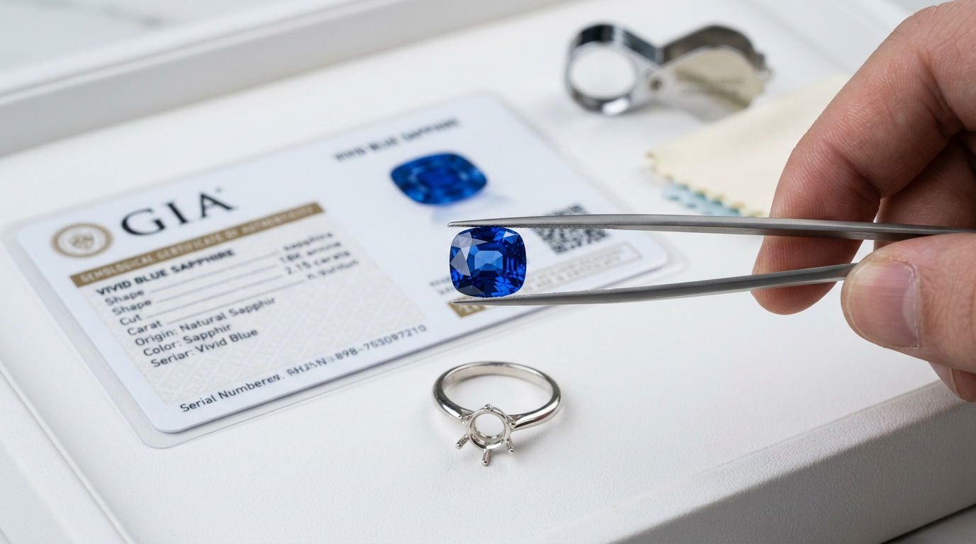 Certified loose blue sapphire gemstone held in jeweler tweezers with certificate of authenticity