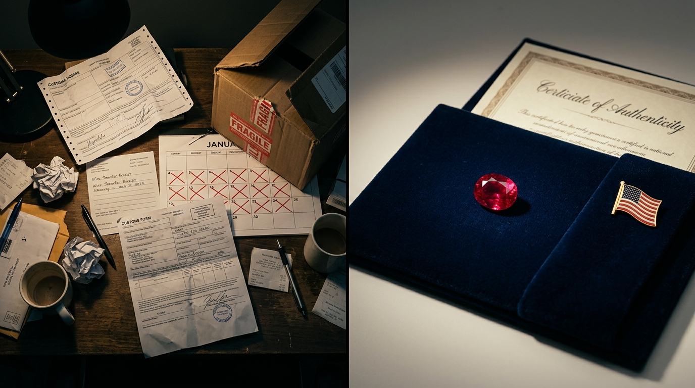 The old way of buying Jyotish gemstones — customs forms, wire transfers and shipping delays vs certified gemstone from USA
