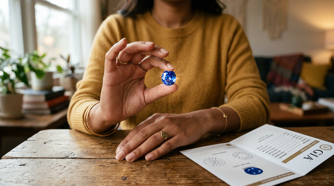 Indian American woman receiving certified Jyotish gemstone with certificate of authenticity shipped from USA