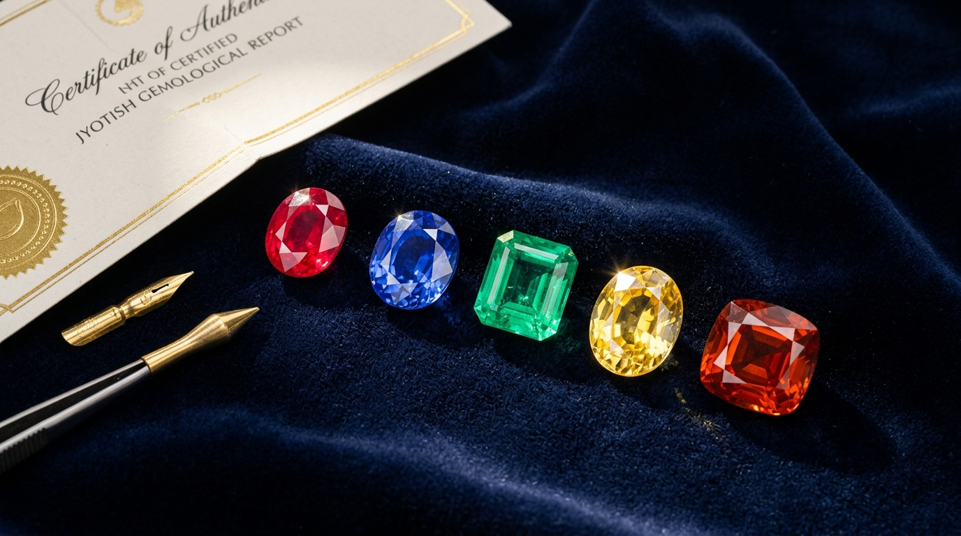 Five certified natural Jyotish gemstones on dark navy velvet — ruby, blue sapphire, emerald, yellow sapphire, hessonite