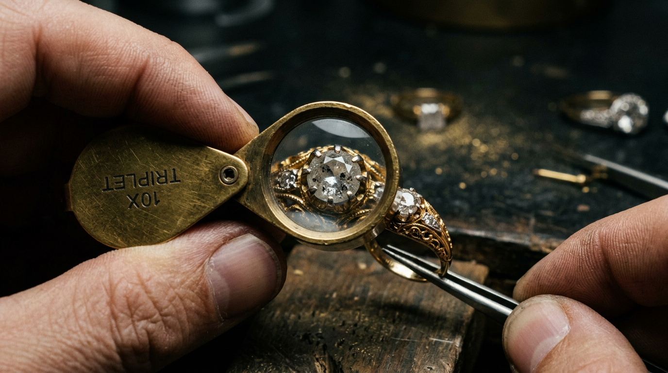 Jeweler examining a pre-set ring with loupe revealing hidden stone quality beneath the mounting