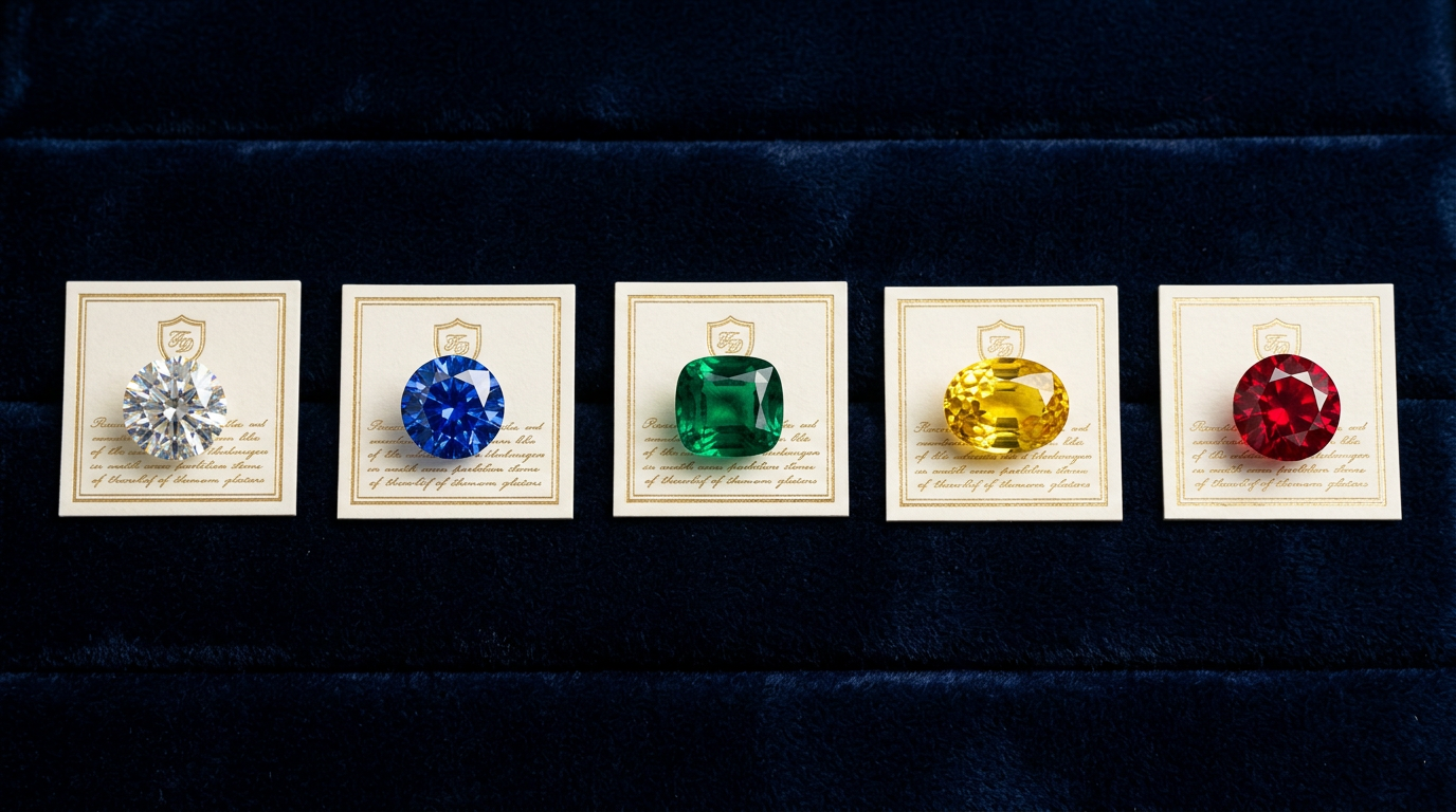 Five certified natural loose gemstones with certificates of authenticity on dark navy velvet