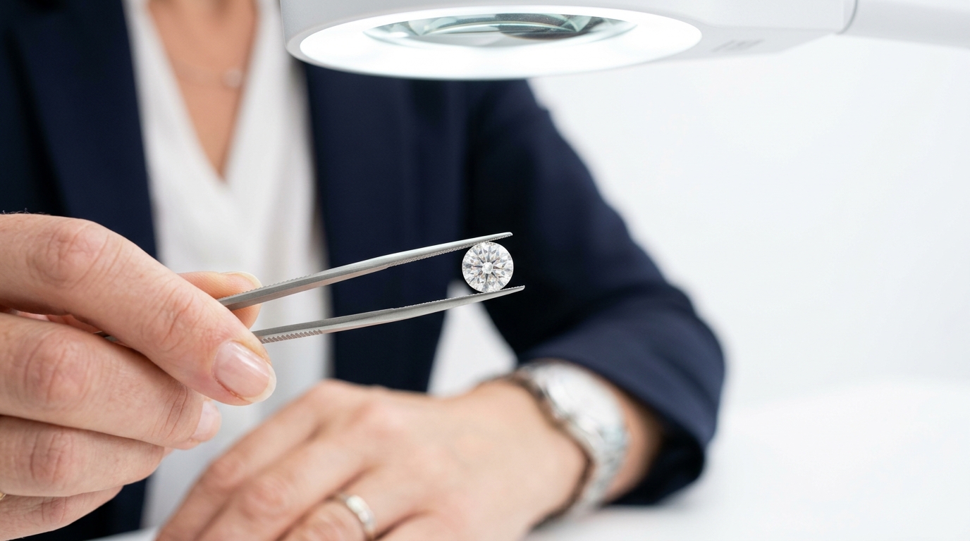 Jeweler examining a loose diamond in tweezers under bright gemological light — certified loose diamonds at Databazaar USA