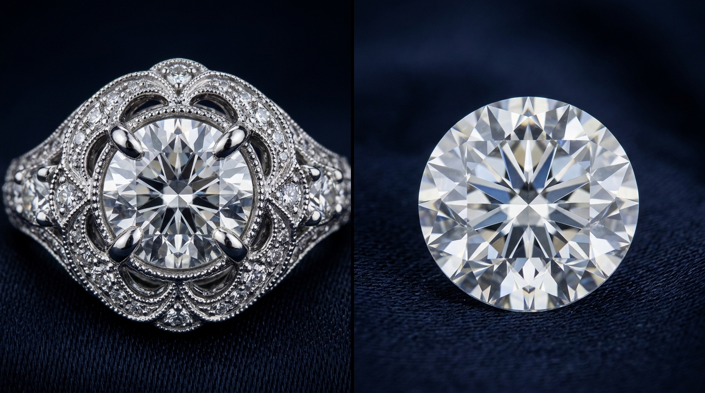 Diamond hidden in halo setting versus same diamond loose and visible — buy certified loose diamonds Databazaar