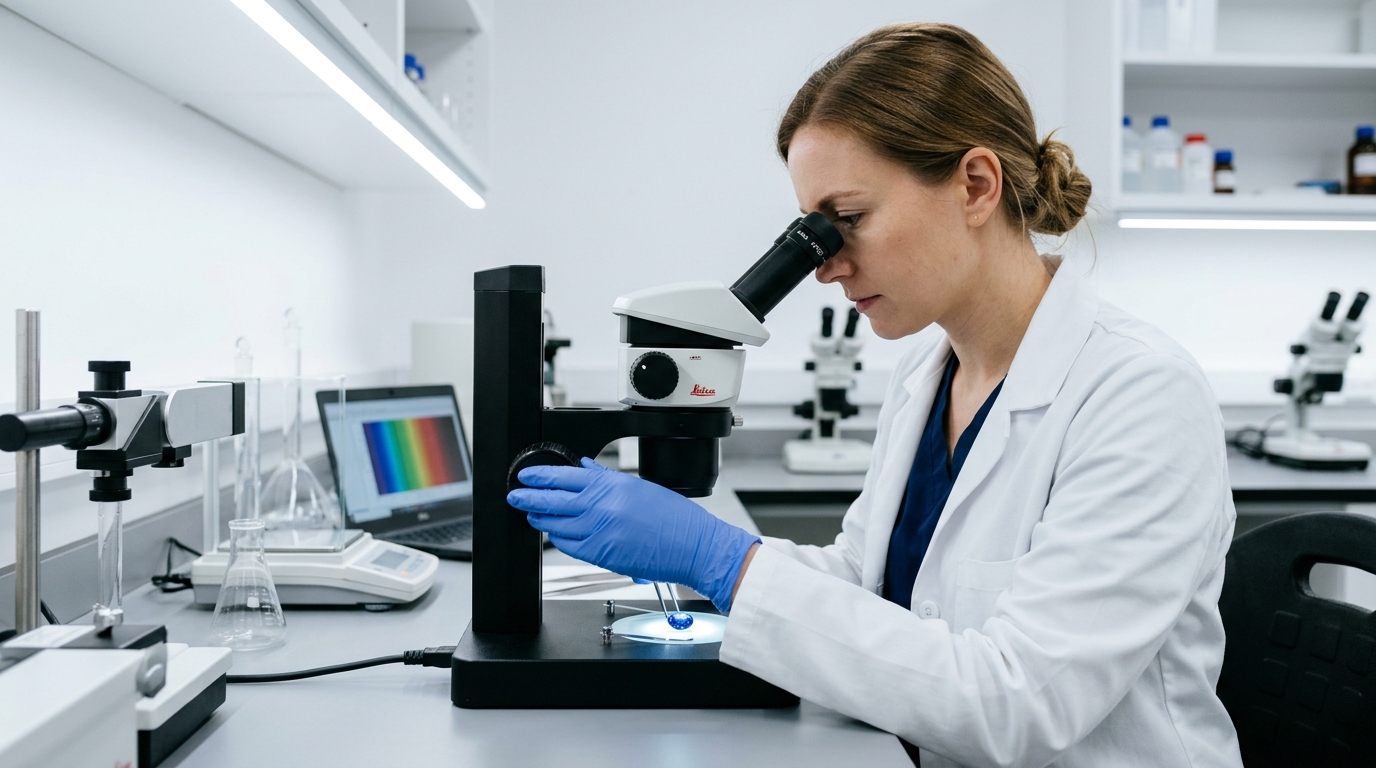 Gemologist examining a gemstone under microscope in a professional laboratory — certified gemstone authentication at Databazaar