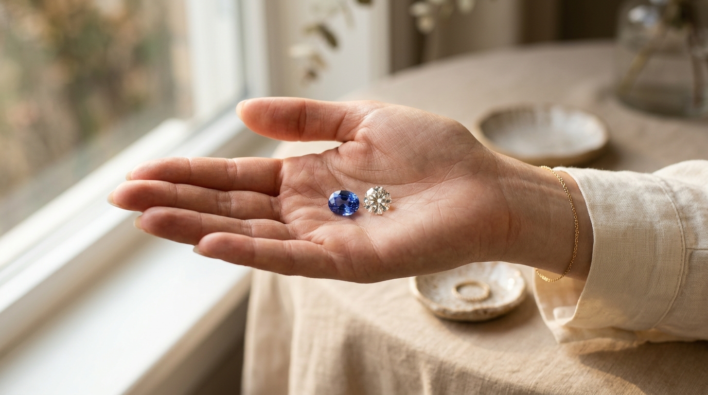 Person comparing two loose gemstones in their palm — natural vs lab grown gemstone comparison at Databazaar