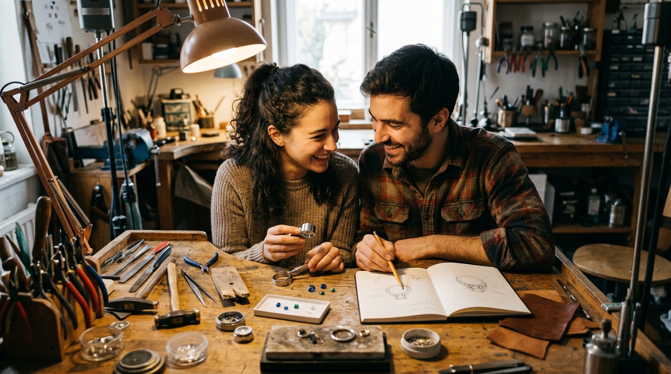 Couple collaborating with jeweler over loose gemstones and ring sketches — custom jewelry with Databazaar certified stones