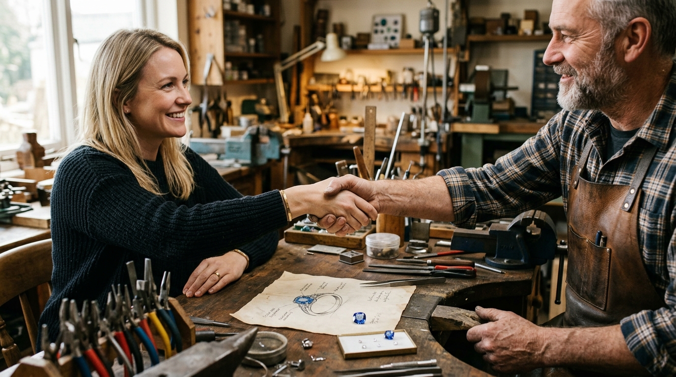 Customer and local jeweler collaborating over certified loose gemstone and ring design sketch — Databazaar loose stones USA