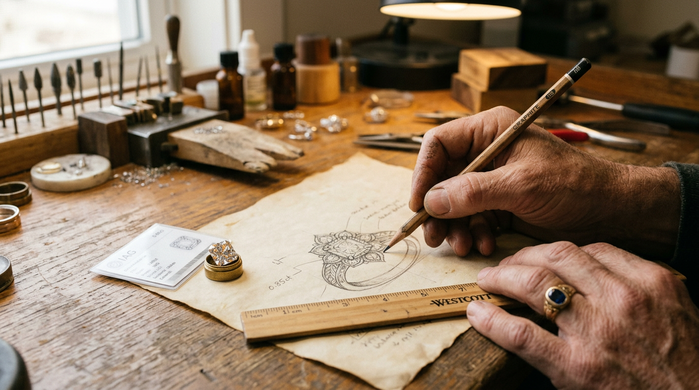 Jeweler sketching custom ring design on parchment next to a certified loose gemstone — custom jewelry with Databazaar stones
