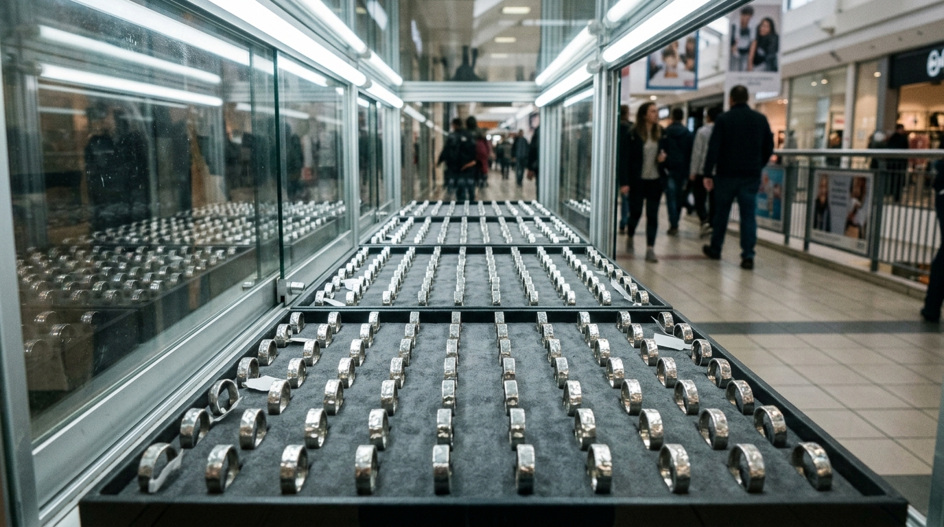 Identical mass-produced rings in a mall jewelry display case — not heirloom quality, not timeless design