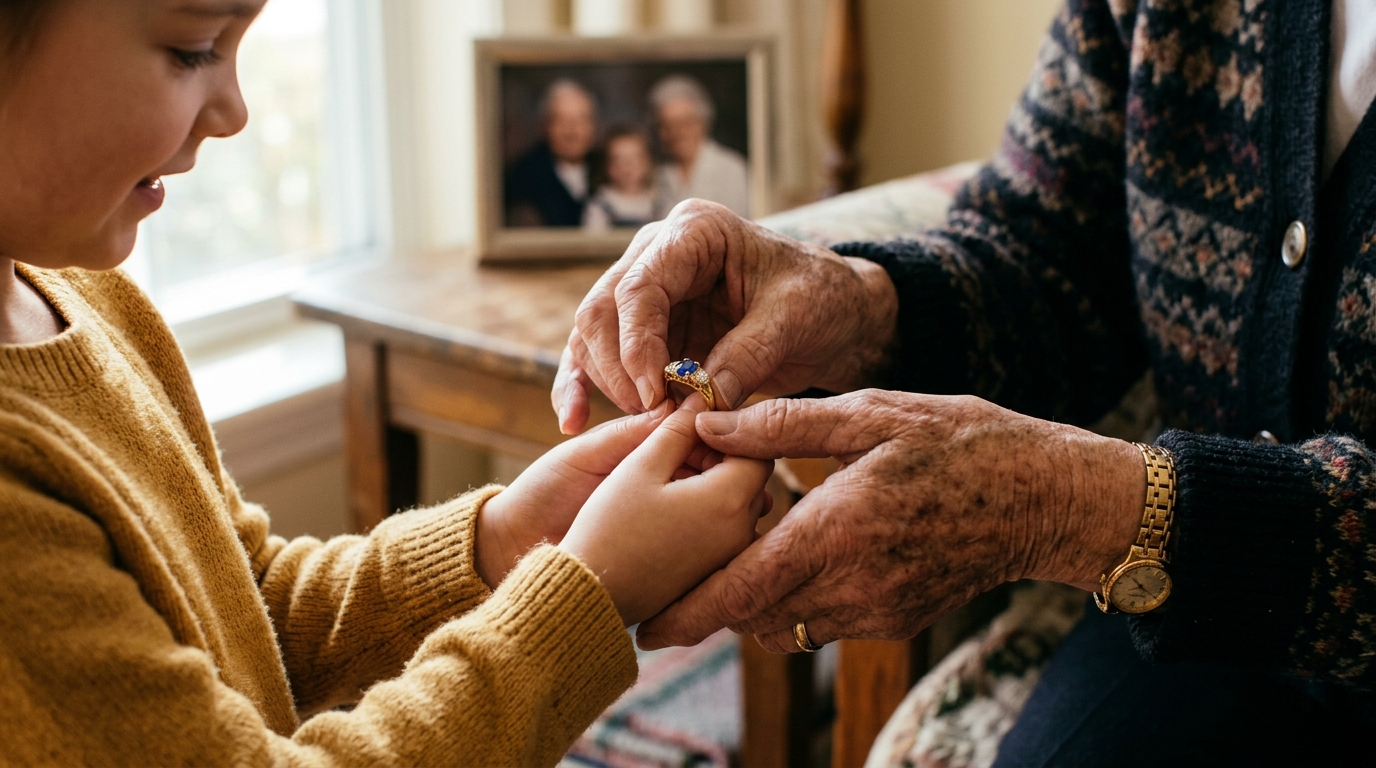 Grandmother passing a timeless gemstone ring to her granddaughter — heirloom jewelry with certified natural stones from Databazaar
