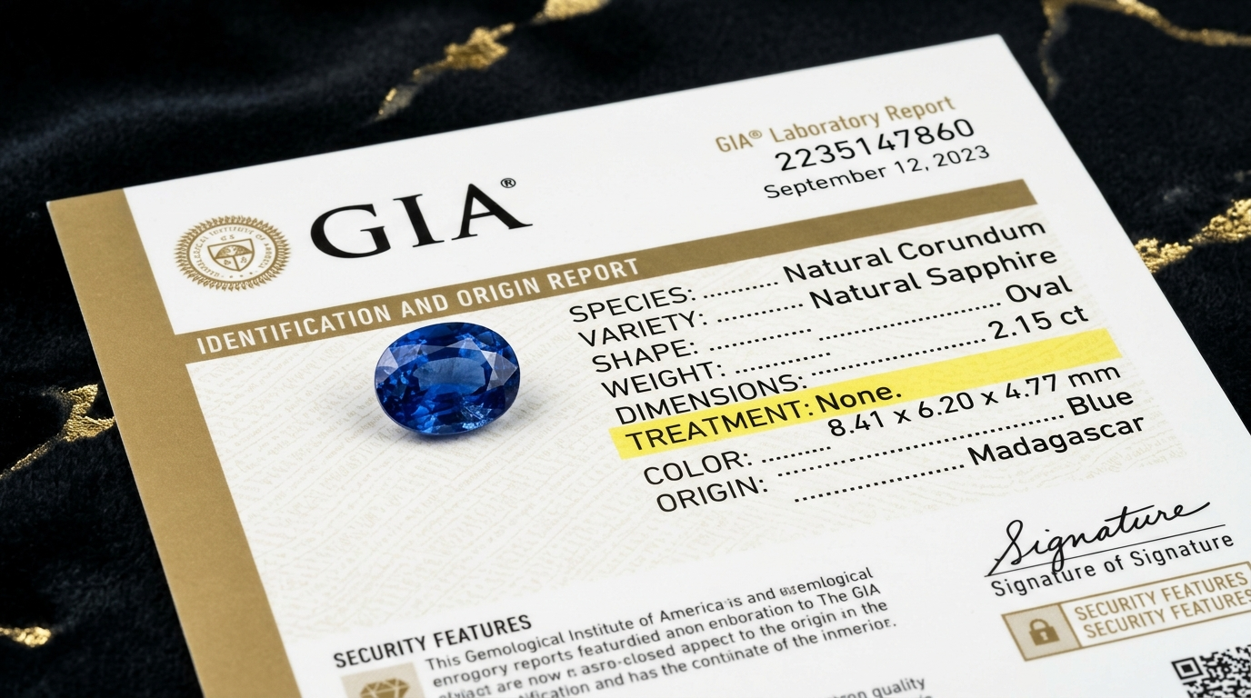 Gemological certificate showing treatment status field for natural untreated sapphire
