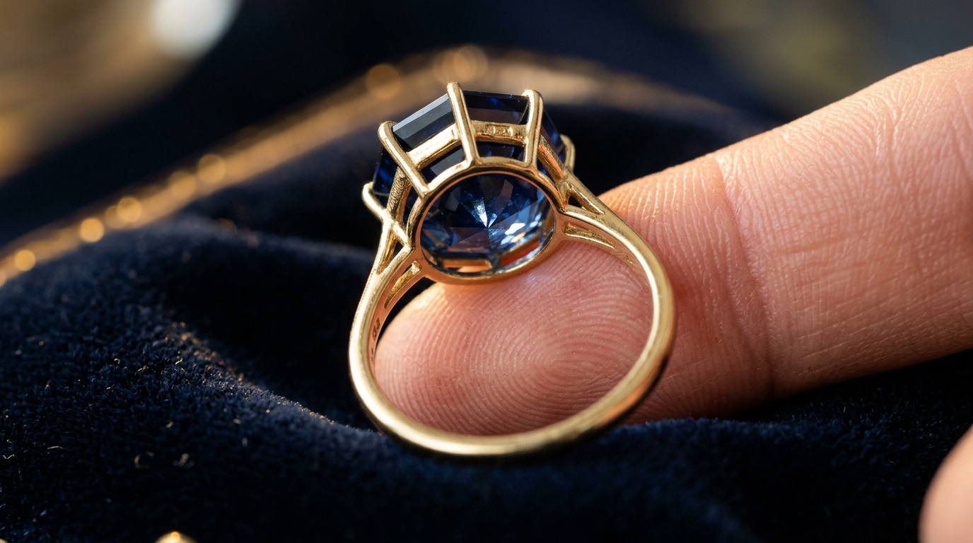 Natural blue sapphire in open-back gold ring setting for Jyotish astrology — pavilion exposed to touch skin