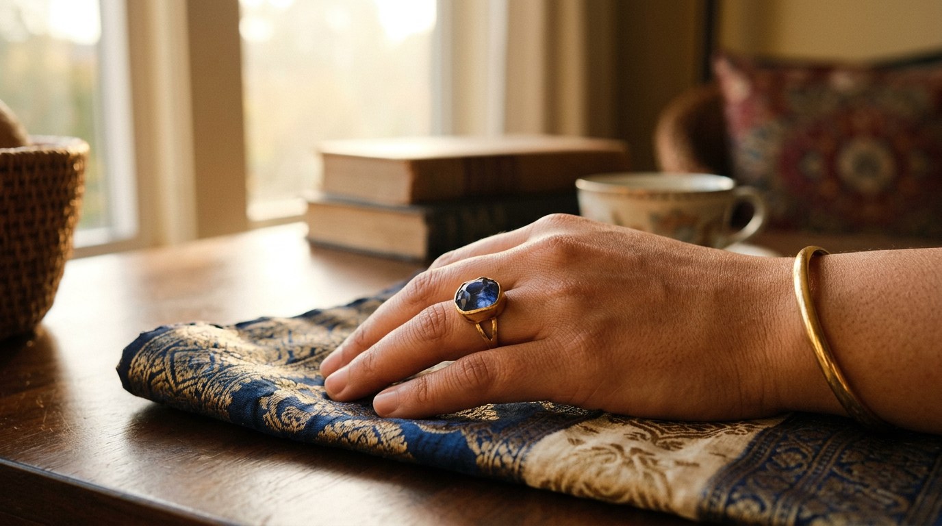 Jyotish gemstone ring worn with open-back setting — stone touching skin on correct finger