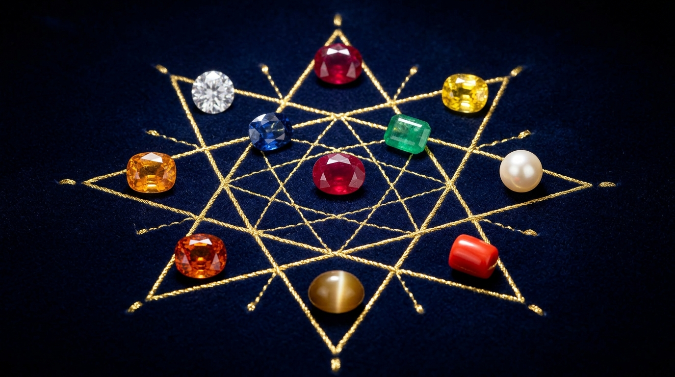 Nine certified natural astrological gemstones for Jyotish Navaratna — ruby blue sapphire emerald yellow sapphire pearl red coral hessonite cat's eye white sapphire