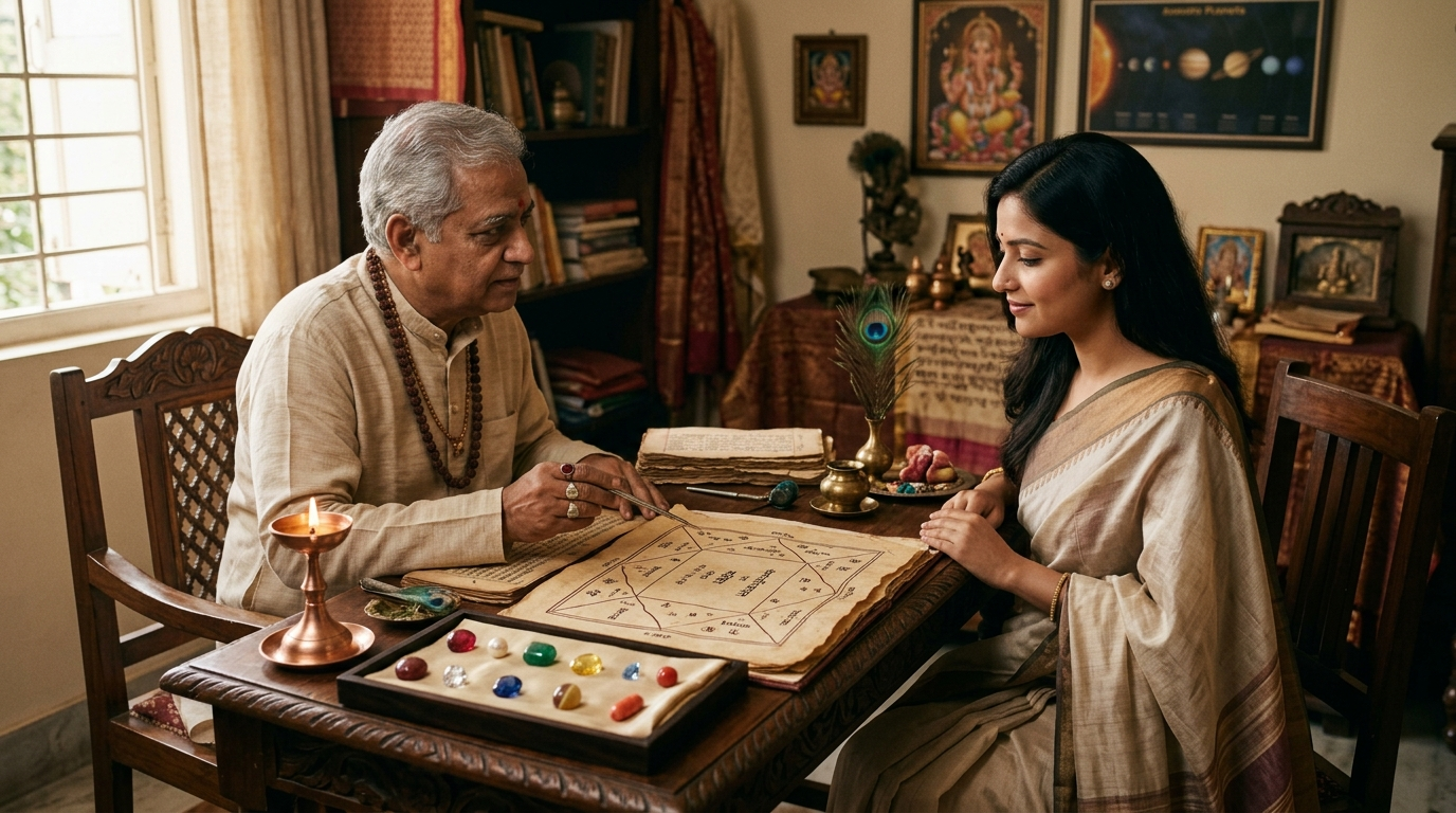 Jyotish astrologer prescribing astrological gemstones to a client using a Vedic birth chart