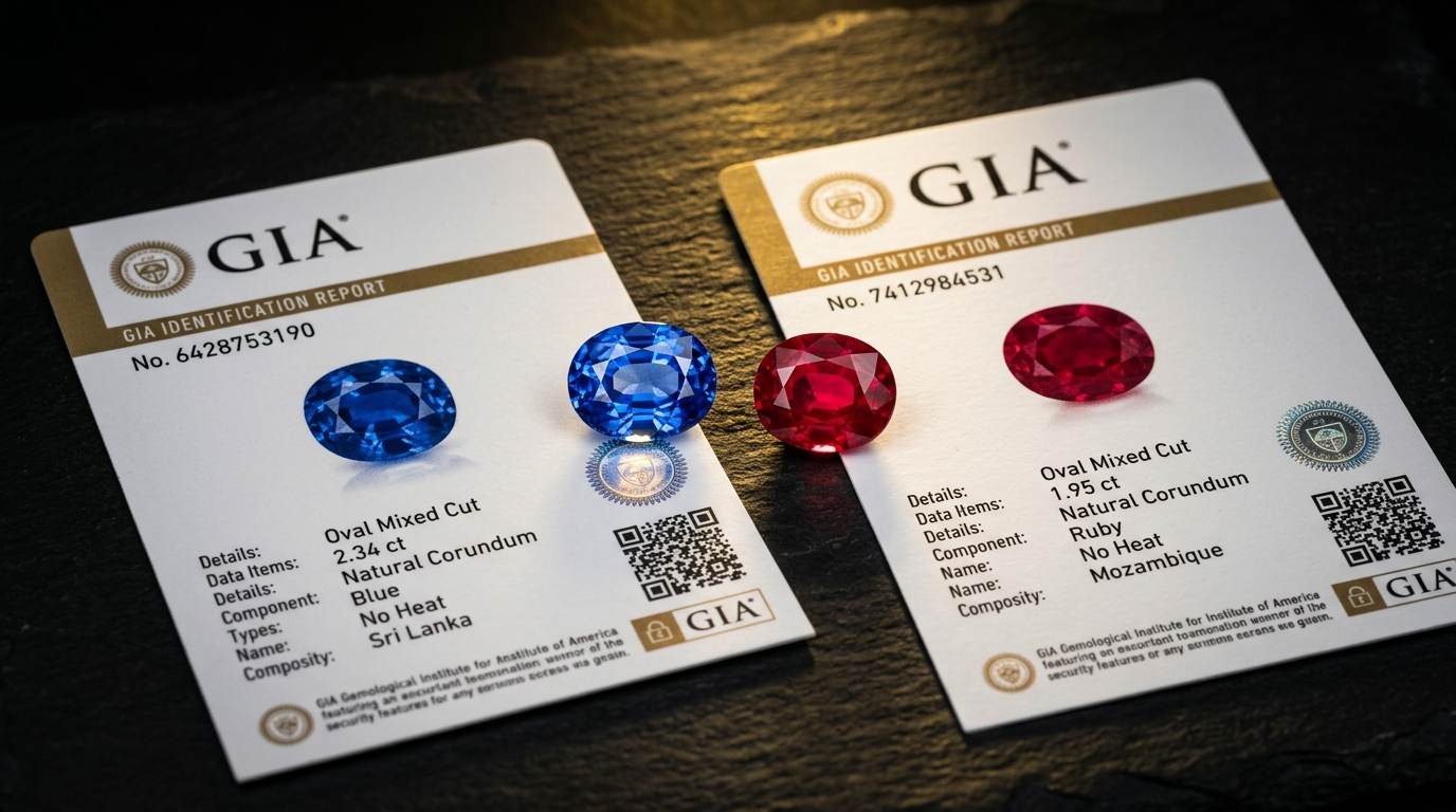 GIA gemological certificate with certified natural blue sapphire and ruby for astrological Jyotish use