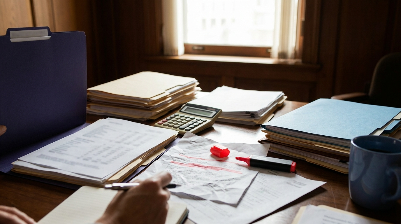 Desk with compliance paperwork and a calculator