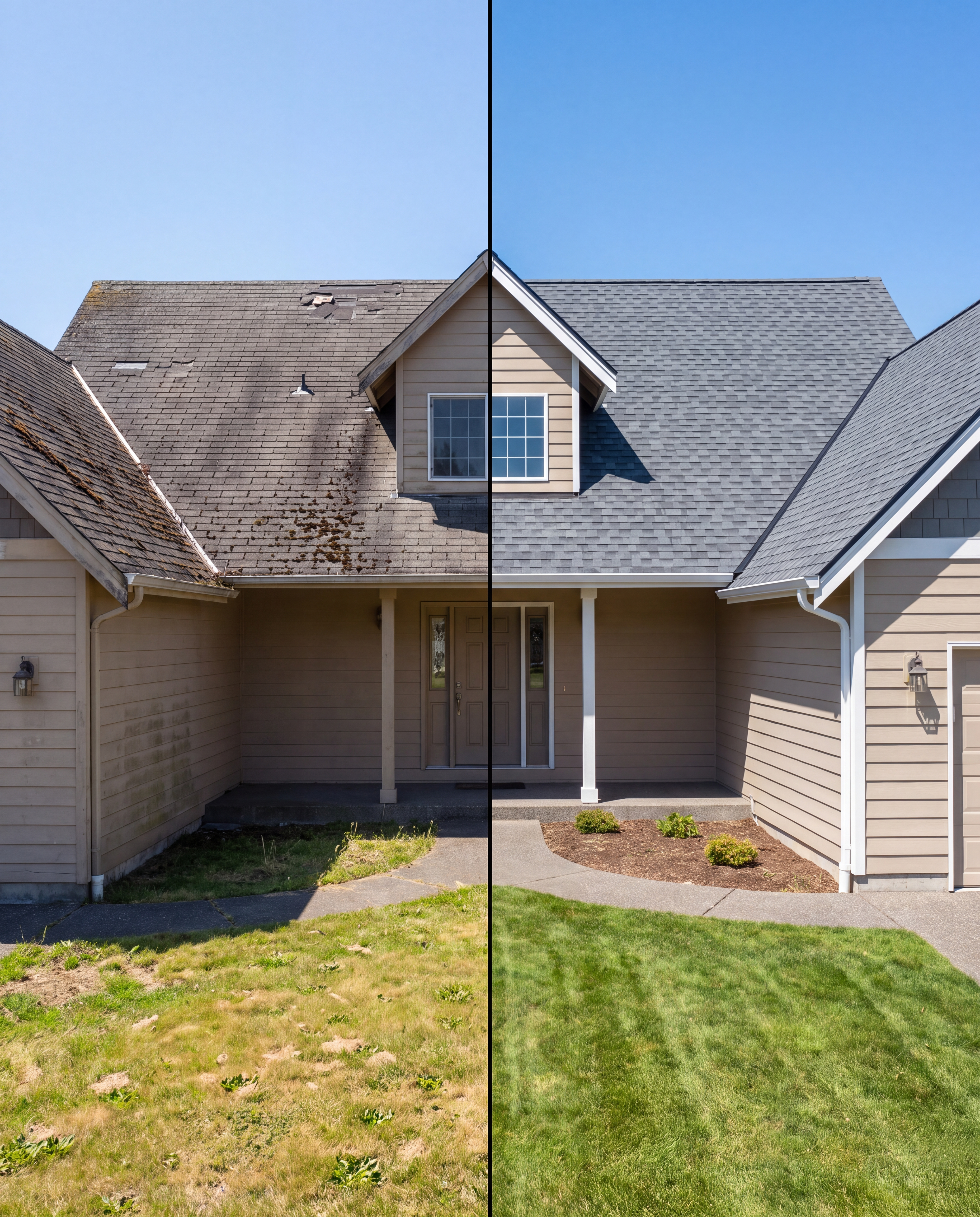 Same house before and after a roof replacement