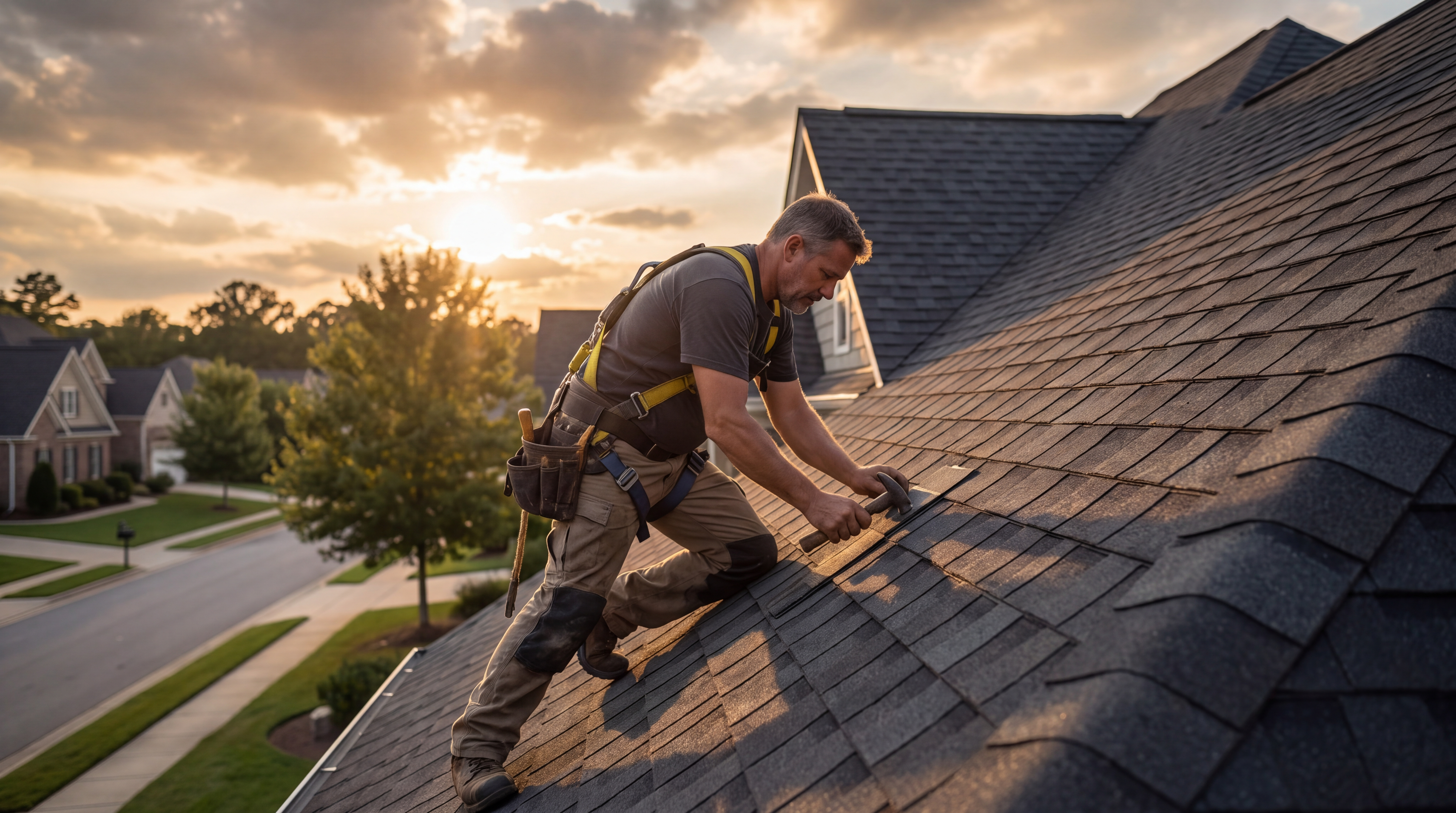 Roofer installing shingles at golden hour
