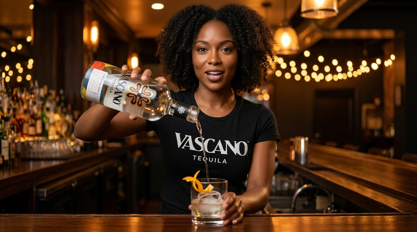Vascano bartender pouring tequila with an orange twist garnish