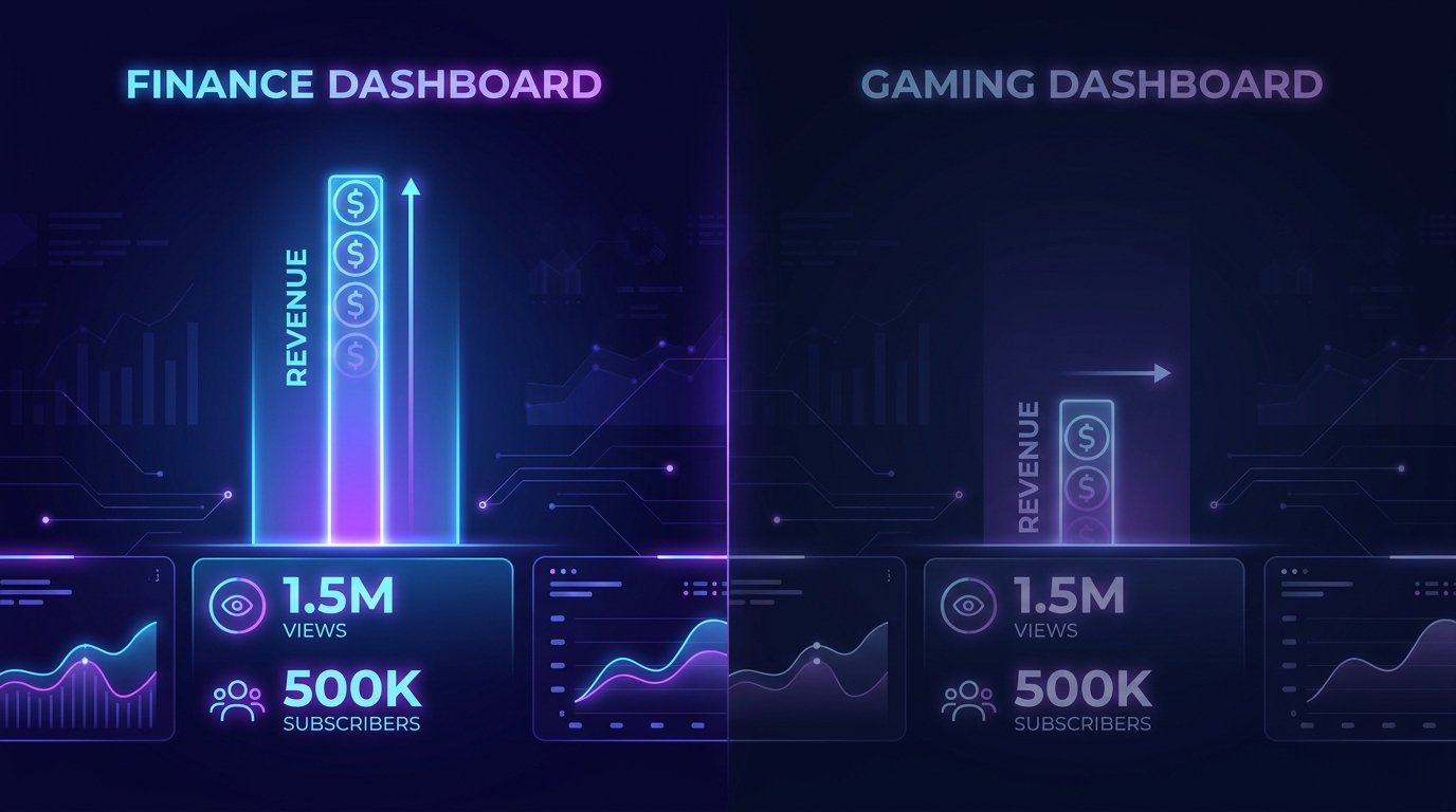 A clean split-screen infographic contrasting a glowing high-revenue finance channel dashboard against a dimmer gaming channel dashboard with the same view count
