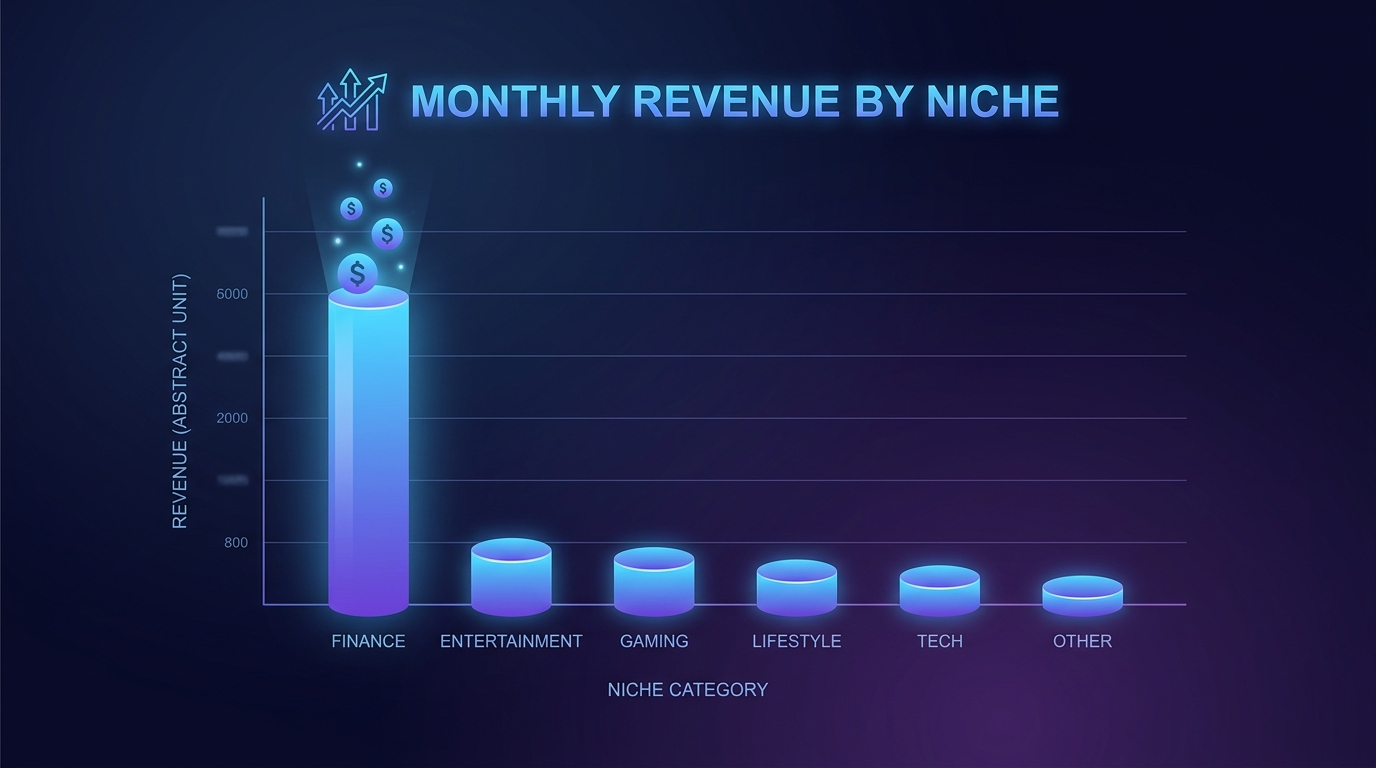 A realistic bar chart showing monthly revenue by niche at the same view count, with finance towering over entertainment