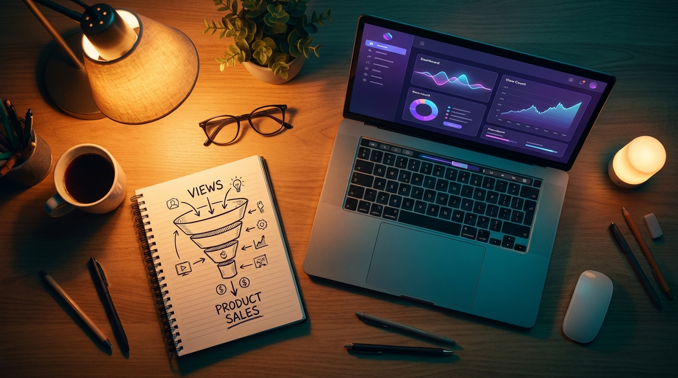 A creator's desk at night with a laptop showing a video-analysis dashboard beside a notebook sketch of a funnel from views to product sales