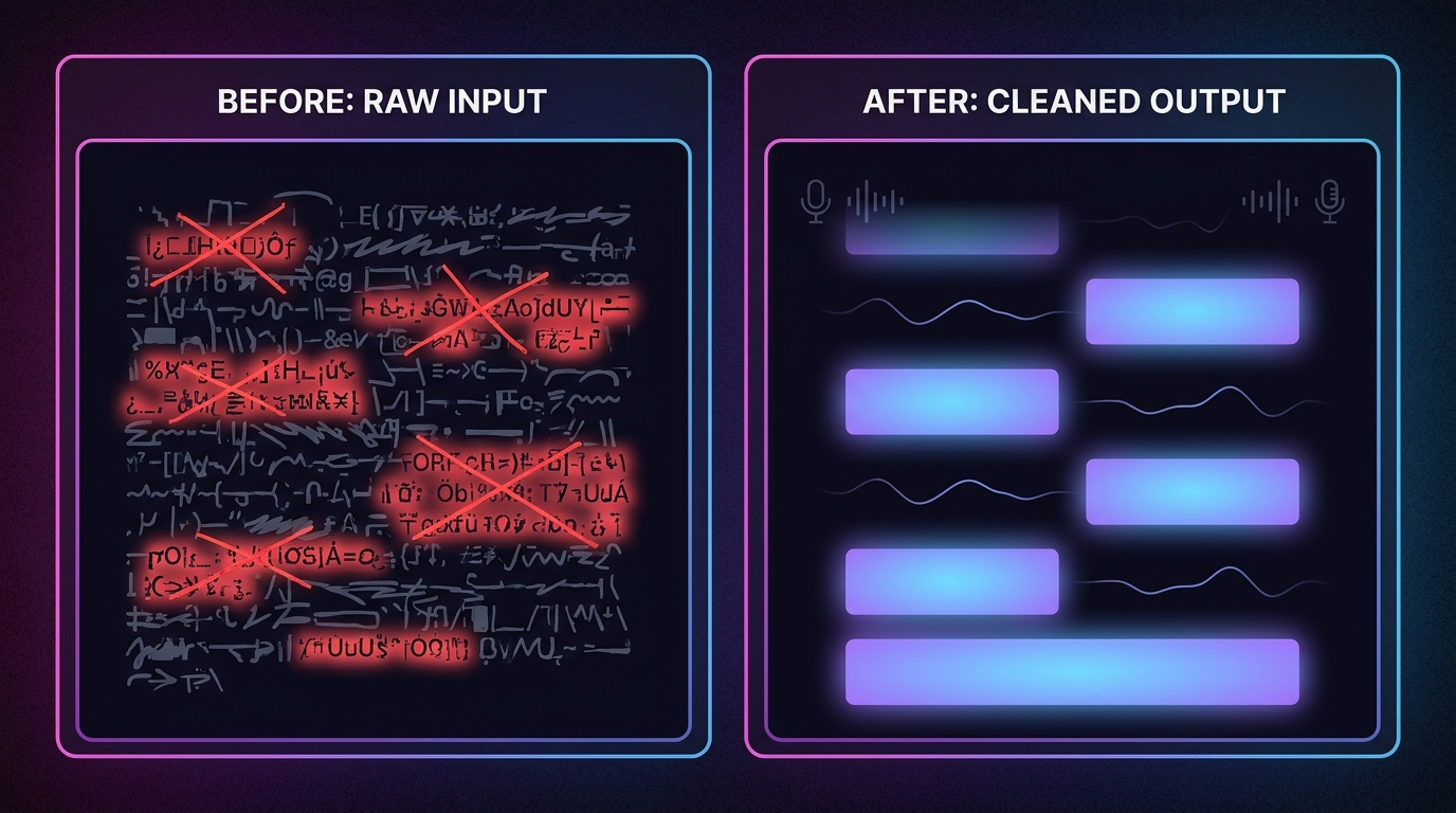 Before and after script formatting cleaned up to be text-to-speech ready for AI narration