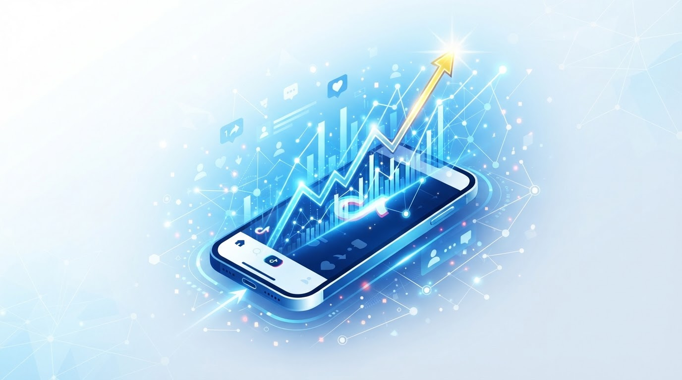 Clean blue-and-white hero illustration of a TikTok-style phone mockup with a glowing analytics graph rising upward, representing TikTok's 2026 algorithm update