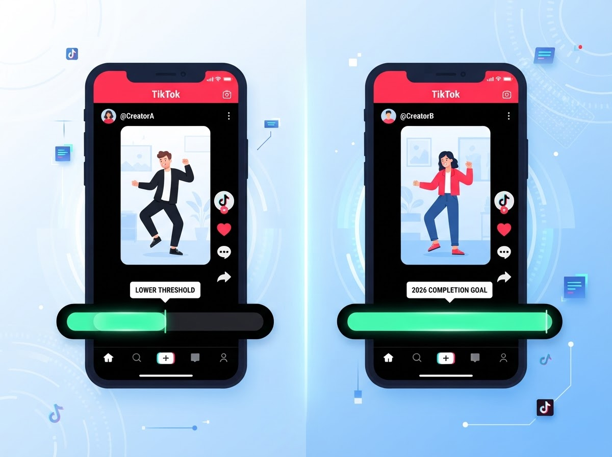 A split-screen infographic showing a TikTok video timeline bar — one half labeled "2024: 50% completion needed" with a shorter green watch-time segment, the other half labeled "2026: 70% completion needed" with a much longer green segment stretching almost to the end, both against TikTok's black-and-red interface style