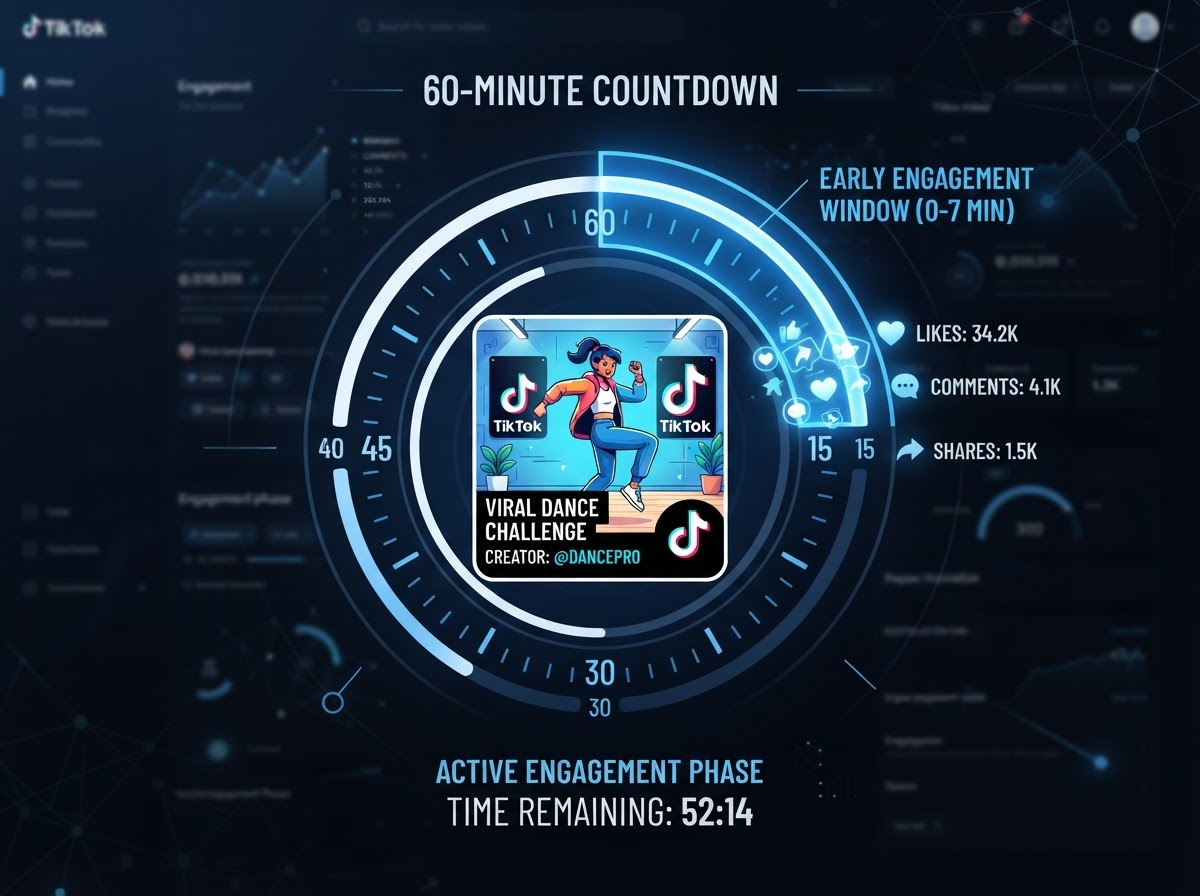 A clock-style diagram showing a 60-minute countdown ring around a TikTok video thumbnail, with rising engagement icons — likes, comments, shares — clustered in the first segment of the ring to illustrate the early-engagement window