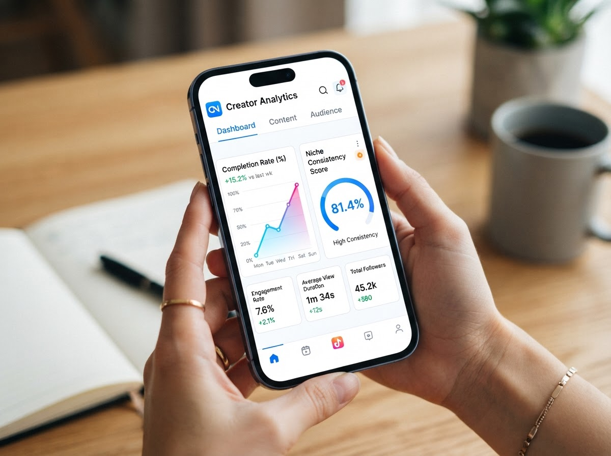 A creator's phone screen showing a TikTok analytics dashboard with a completion-rate graph trending upward next to a "niche consistency" score bar filled to 80%, styled in TikTok's app UI