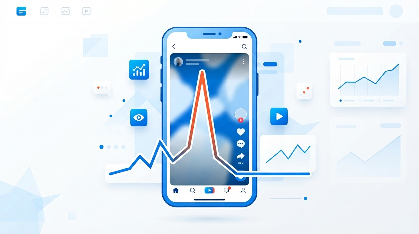 Hero: a stylized smartphone showing a short-form video app interface with a dramatic line graph overlay, one tall spike followed by a return to a lower steady line