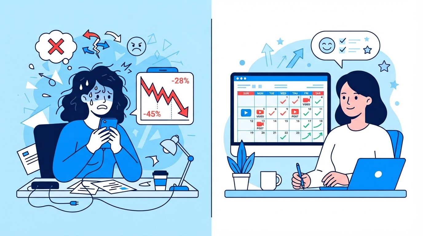 A split-screen comparison graphic showing a frustrated creator staring at a views-dropped analytics screen on one side, and a calm creator reviewing a structured content calendar on the other