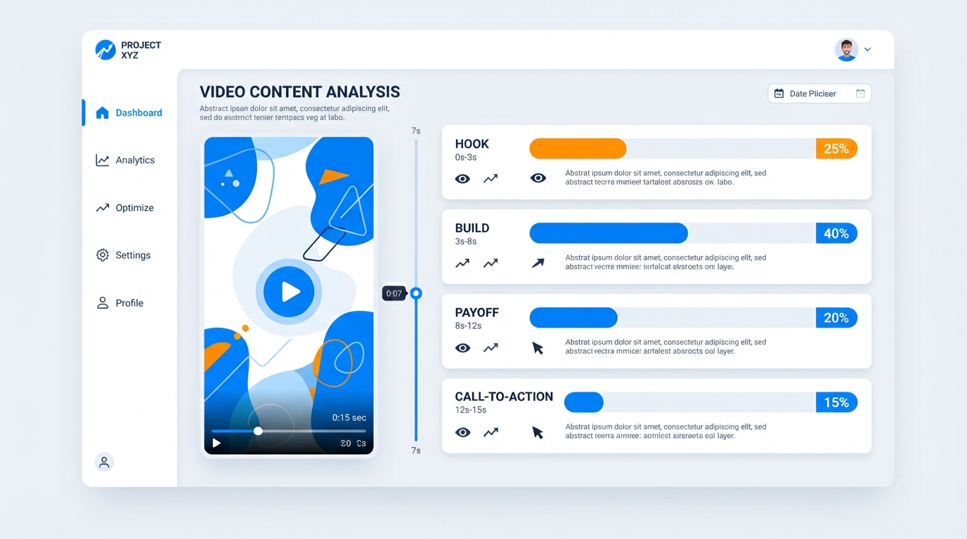 A dashboard mockup showing a video analysis tool breaking a viral clip into labeled sections representing hook, build, payoff, and call-to-action, with retention percentages overlaid on each section