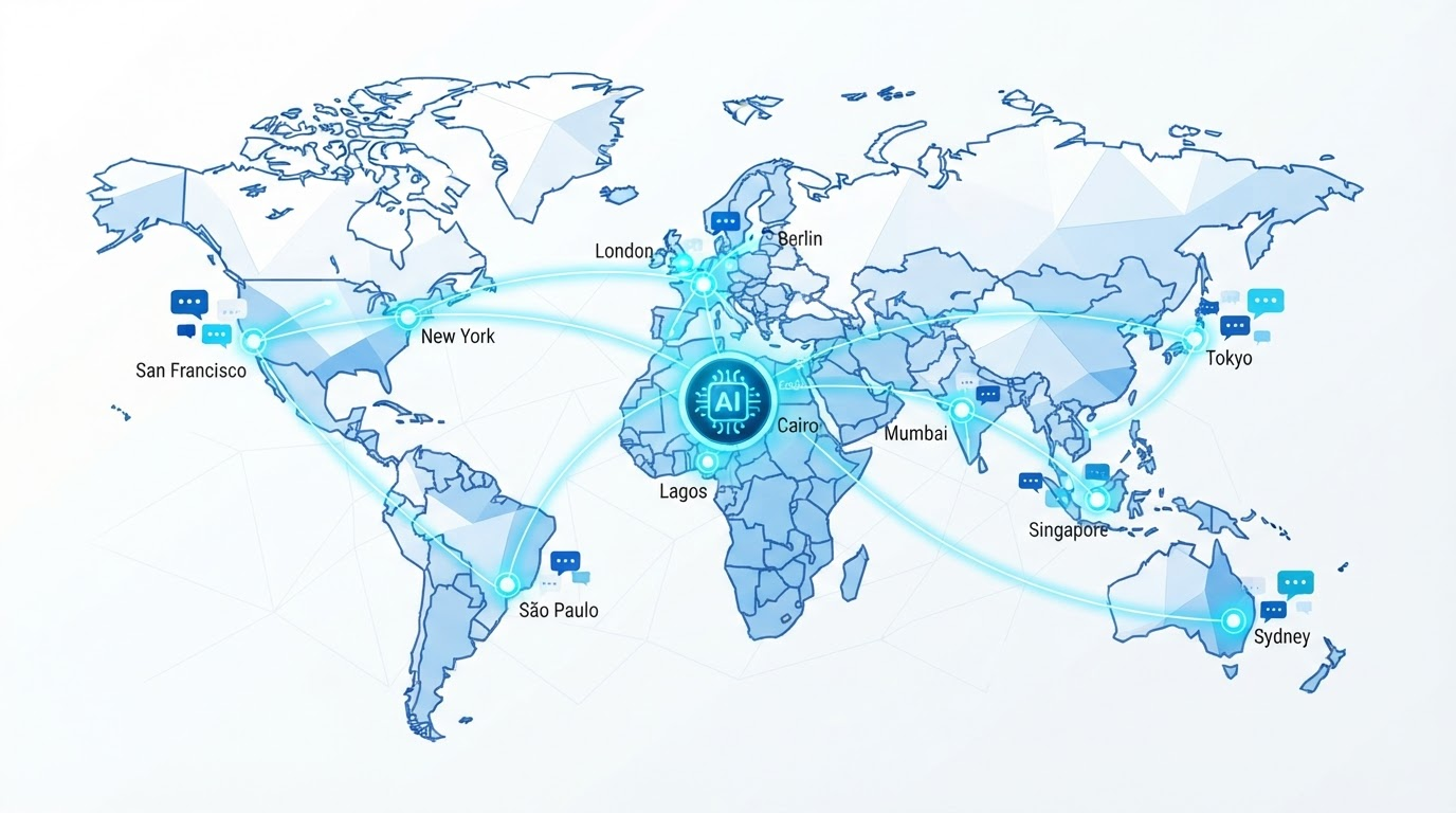 A world map with speech-bubble icons in different scripts and languages radiating outward from a single AI presenter avatar, illustrating one video localized into multiple markets with matching lip-sync